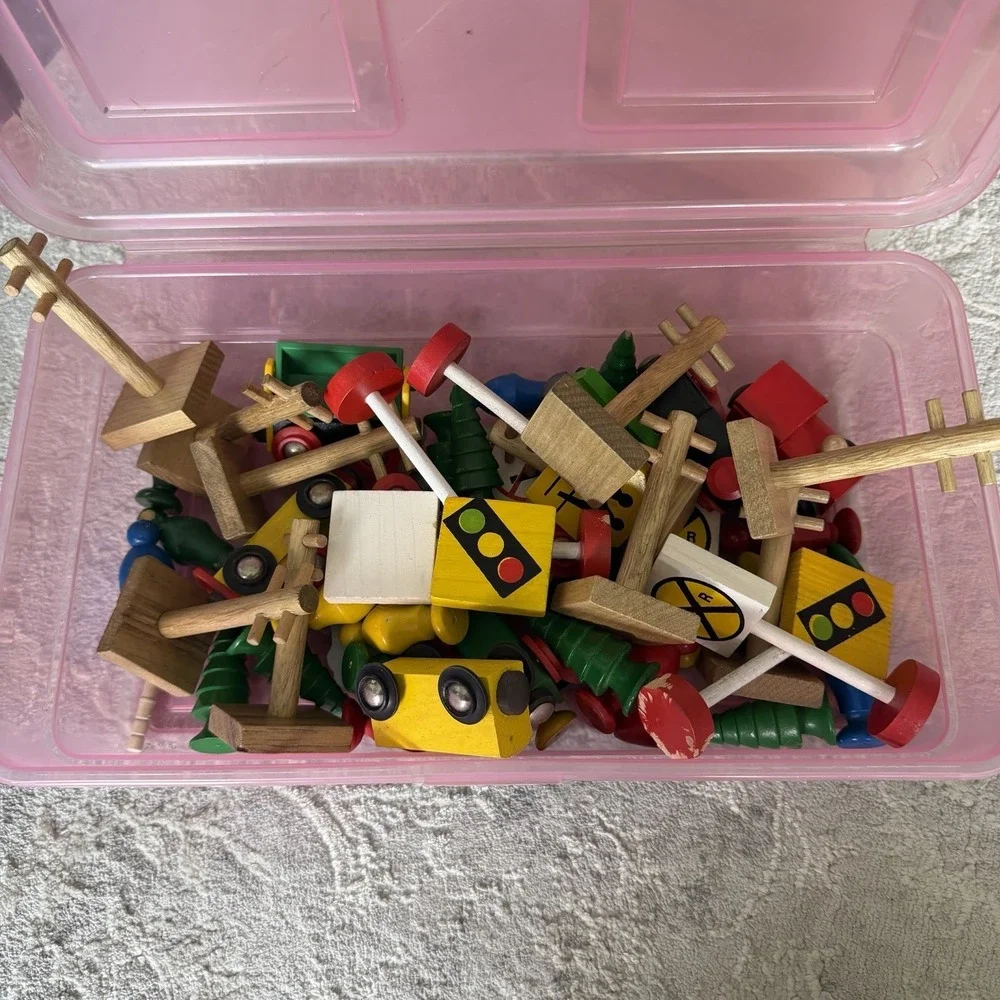 Vtg 1991 BRIO Wooden Train Set 100+pc Lot w/Crane Bridge Track Buildings Cars